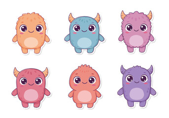 Adorable cartoon monsters with big eyes bring playful charm to children's designs and whimsical projects, perfect for stickers and cute illustrations