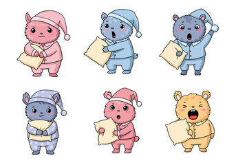 Adorable sleepy cartoon bears in pajamas holding pillows, perfect for children's books and bedtime stories, cute and cuddly, creating a cozy and comforting mood