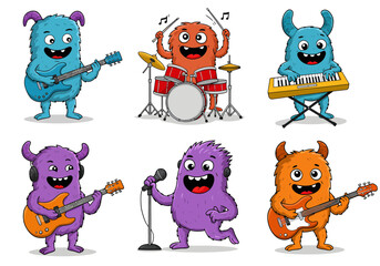 Cartoon monsters rocking out on instruments create a fun and playful vibe, perfect for kids' content, music education, or quirky design projects