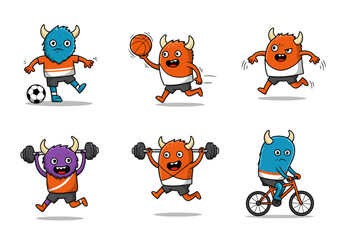 Cartoon monster fitness set for kids, cute horned creature doing sports activities like soccer, basketball, weightlifting and bike riding, fun character design