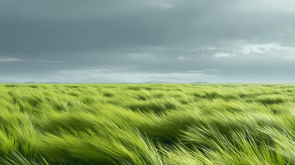 Green grass field bends in wind under dramatic cloudy sky.