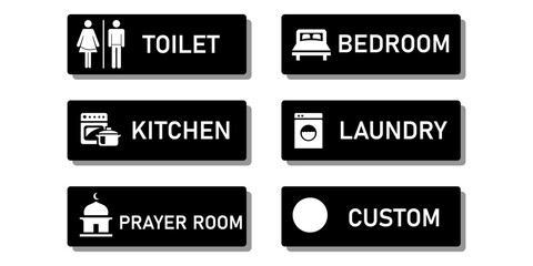 Set of black room signs with white icons for toilet, bedroom, kitchen, laundry, prayer room, and custom label.