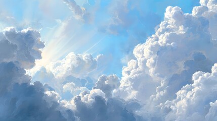 Fototapeta premium Sunlight streams through dramatic cumulus clouds on a clear blue day.