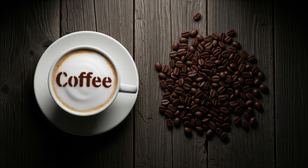 Top view of a cappuccino with the word "Coffee" in latte art, next to roasted beans on a rustic dark wood table. A warm and inviting image for cafes and coffee lovers, with a dramatic spotlight effect