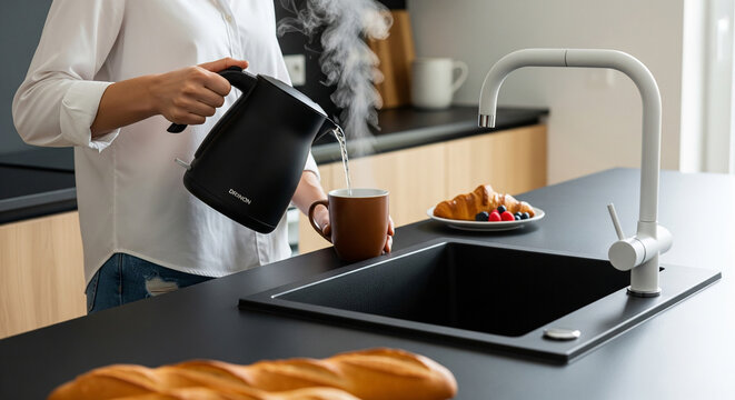 Woman pouring steaming hot water from a black electric kettle into a mug in a modern kitchen. Morning routine of making tea or coffee for breakfast at home. Domestic lifestyle and kitchen.