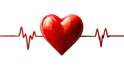 Glossy red heart with heartbeat line on black background