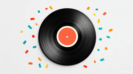 Obraz premium Retro vinyl record with center label surrounded by colorful confetti for music celebration design