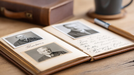 Nostalgic close-up of an old family album with handwritten annotations for memory preservation