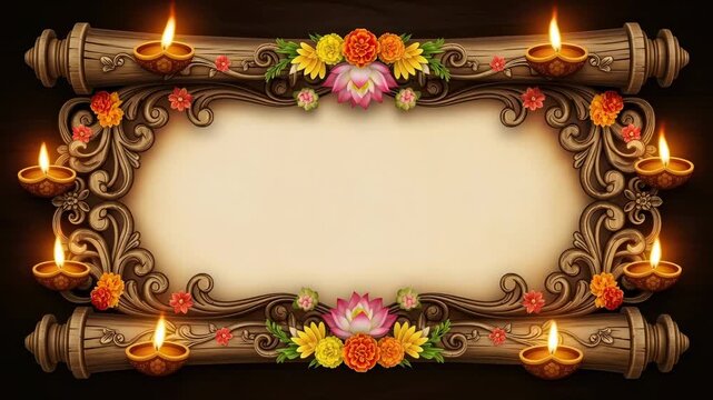 Decorative diwali frame with lit oil lamps and colorful flowers evolving to fully framed banner with copy space footage.