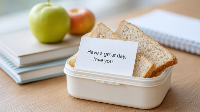 Heartwarming love note in lunchbox on wooden table with fresh fruit and books - Powered by Adobe