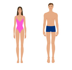 Male and female body template front view, Tan beige skin tone diversity man, woman. Flat vector anatomy model for fashion design, garment fitting, proportions, measurement, art reference