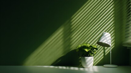 Sunlight streams through window blinds casting diagonal shadows on a green wall.