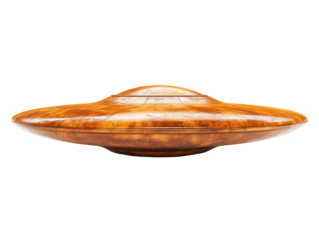 Textured metallic saucer shape floats against a black background