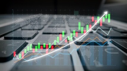 This image illustrates a modern blend of finance and technology, showcasing stock market growth with colorful charts overlaid on a laptop keyboard, symbolizing digital investment trends. Copula - Powered by Adobe