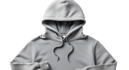 Close-up studio shot of a plain grey hooded sweatshirt with drawstrings, showcasing its fabric texture and minimalist design on a white background