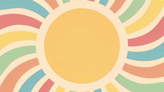 Retro Groovy Sunburst Animation with Swirling Psychedelic Pastel Rays in a Seamless Loop