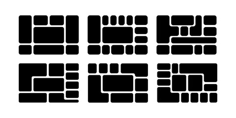 Set of bento grid layouts for business presentation. Photo collage, moodboard or brochure templates. Poster or banner wireframes. Magazine or graphic novel page panels. Vector graphic illustration.