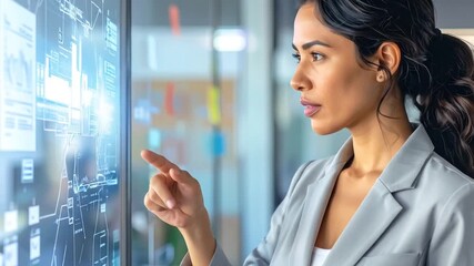Businesswoman Interacting with Digital Interface on Transparent Screen - Powered by Adobe