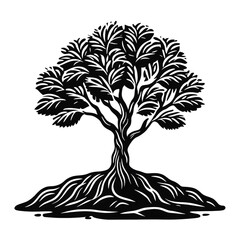 Stylized tree with detailed roots and foliage isolated on a transparent background silhouette