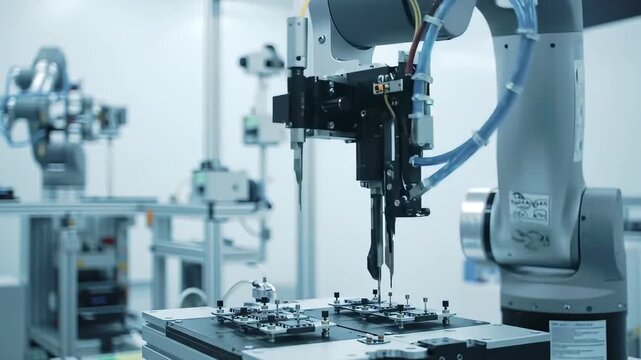 An advanced industrial robot arm precisely assembling electronic components in a high-tech factory environment. The footage represents automation, precision engineering, and smart manufacturing techno