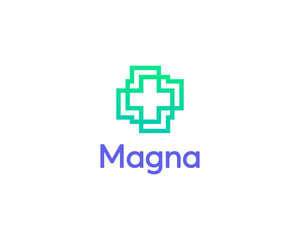 Obraz premium Linear cross, plus loop icon logo design template. Minimalistic flat clinic, pharmacy, healthcare sign symbol mark logotype.