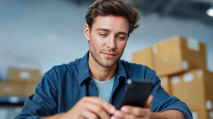 Focused man looking at his smartphone, surrounded by a warehouse environment. He appears concentrated on the device in his hands