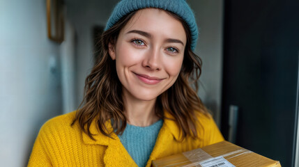 A smiling woman holding a package, ready to deliver it