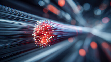 Detailed digital illustration of glowing fiber optic cable strands transmitting data signals with dynamic light trails and bokeh effects in a futuristic technology concep