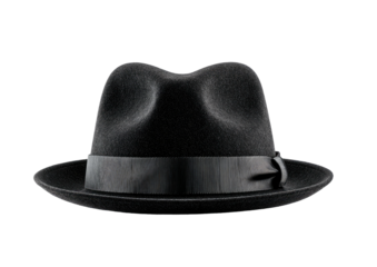 Dark fedora. Elegant hat with a ribbon band isolated on a black backdrop