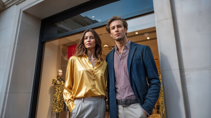 A stylish couple poses in front of a shop. The man wears a navy blazer and the woman wears a golden top. They exude elegance and sophistication.