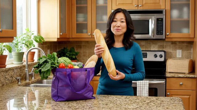 Woman happily unpacking a reusable grocery bag filled with fresh produce and bread in a modern kitchen vector illustration