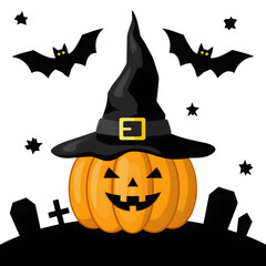 Cartoon Jack O Lantern Wearing Witch Hat With Bats isolated on a transparent background halloween