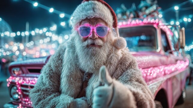 Santa Claus, sporting a stylish pair of glasses, gives a thumbs up while standing next to a decorated vehicle at night 