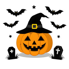 Cheerful cartoon jack o lantern with witch hat bats isolated on a transparent background halloween