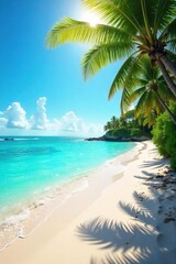 Sun-Drenched Turquoise Beach Relaxation and Warmth Await on this Idyllic Summer Coastline, Perfect for Travel and Vacation Memories.