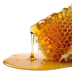 Viscous amber honey dripping from honeycomb structure isolated on a transparent background image