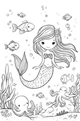 Fototapeta premium A cute mermaid in the sea with fish and an octopus coloring page