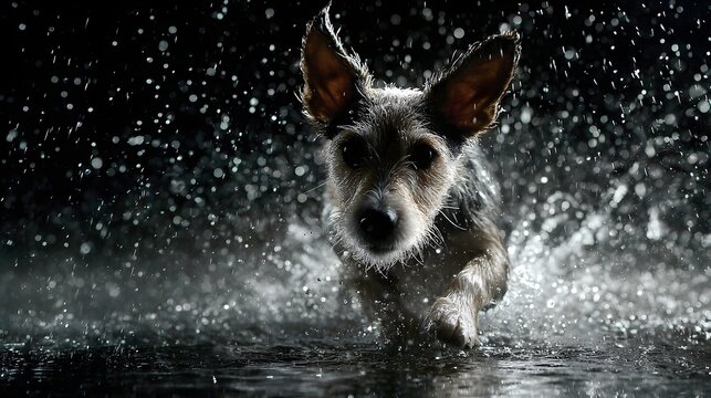 A small dog splashes through water in this dramatic motion shot. - Powered by Adobe