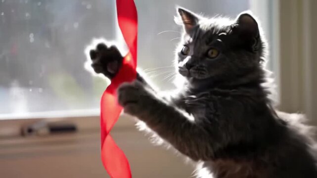 The kitten is playing with the red thread
