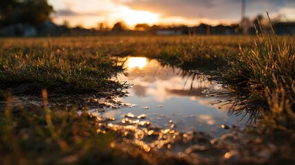 Golden sunset reflects in a muddy puddle on grassy field.