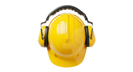 Yellow hard hat with earmuffs for safety in construction or industrial environments