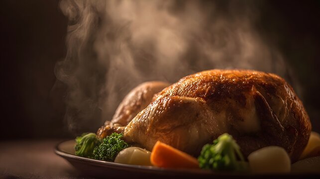 A whole roasted chicken with steaming vegetables sits on a plate.
