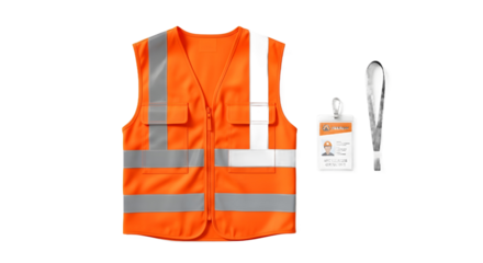 Flat lay of bright orange reflective safety vest and ID badge with lanyard, essential worker protection and visibility, isolated on a clean white background