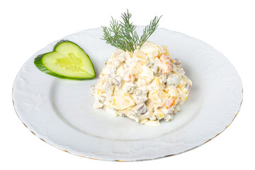 Classic Olivier Salad with Cucumber and Dill Garnish on White Plate isolated images