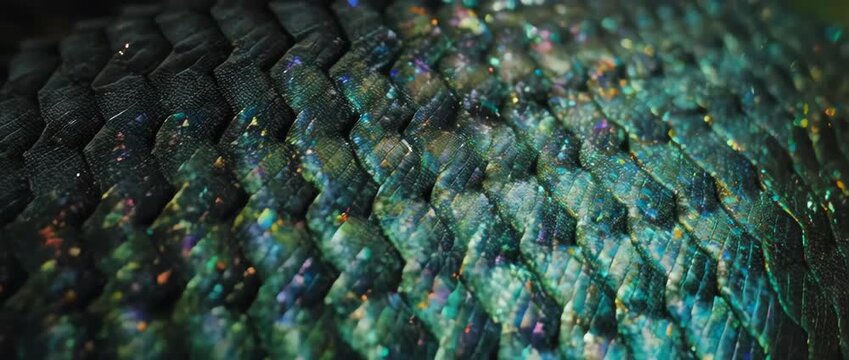 An abstract and mesmerizing macro video that glides over the intricate, geometric patterns of snake scales, revealing their shimmering, iridescent texture.