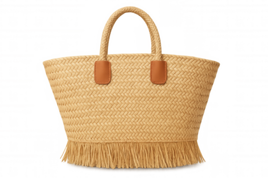Woven straw beach bag with fringed bottom and leather trim handles, summer fashion accessory on transparent background