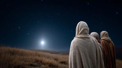 Shepherds witness the angelic message in a starry night landscape