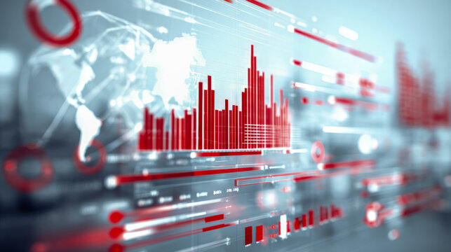 Digital data visualization featuring red bar graphs and line charts illustrating global analytics and trends with a blurred world map background for technology and finance contexts