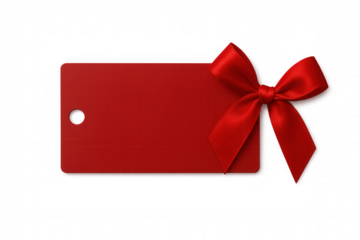 Red gift tag with satin ribbon bow, blank label for holiday messages, birthday wishes, sales events, christmas greetings
