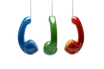 Hanging colorful glossy phone receivers against a black background
